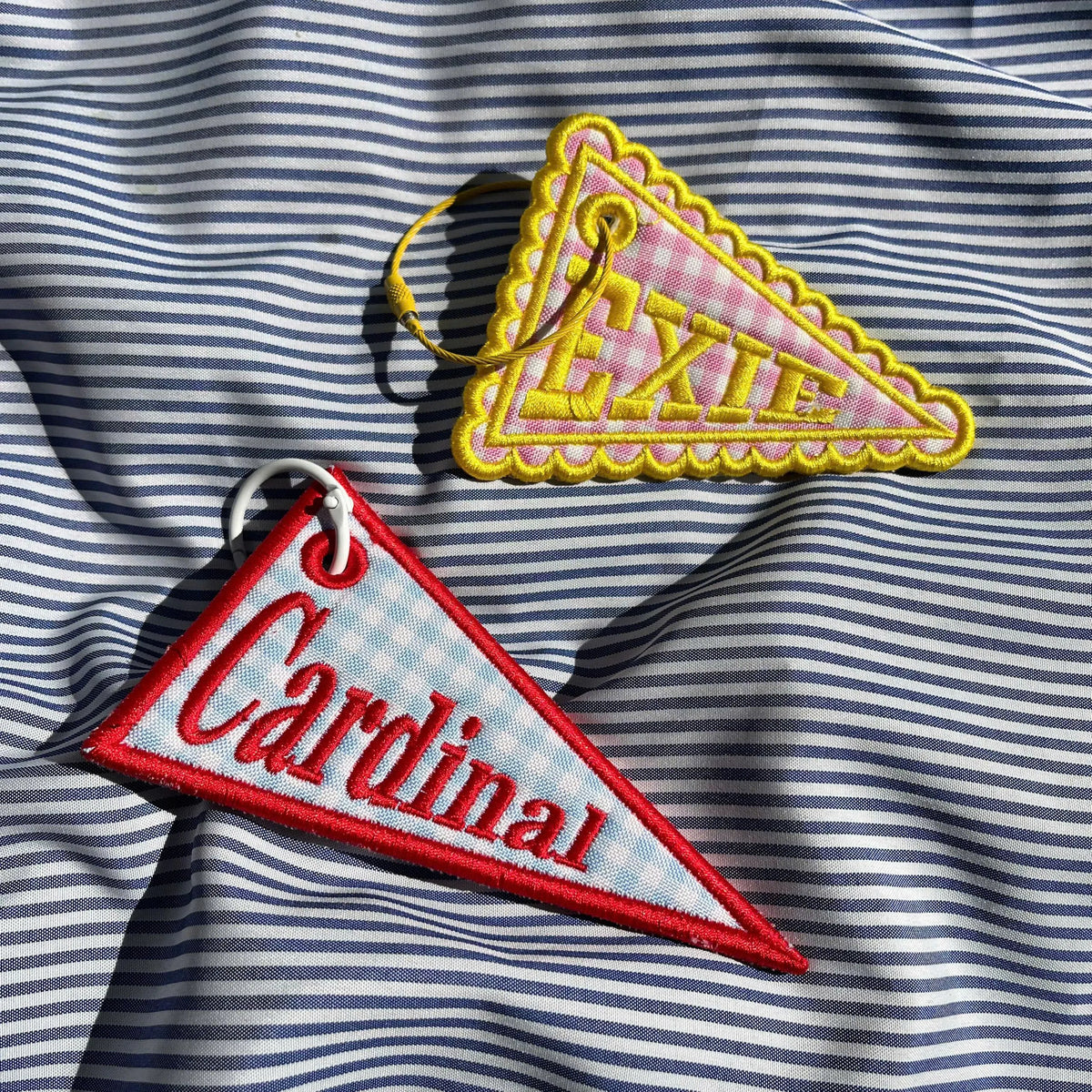 Custom Pennant Bag Charm, Personalized Embroidered Name Tag, Fabric Applique Keychain, Backpack Accessory, Team Gift for Students