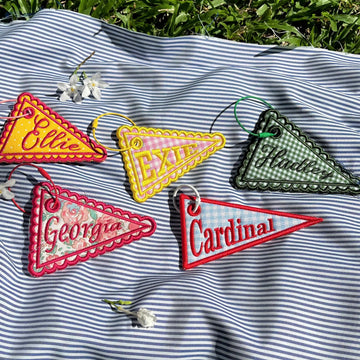 Custom Pennant Bag Charm, Personalized Embroidered Name Tag, Fabric Applique Keychain, Backpack Accessory, Team Gift for Students