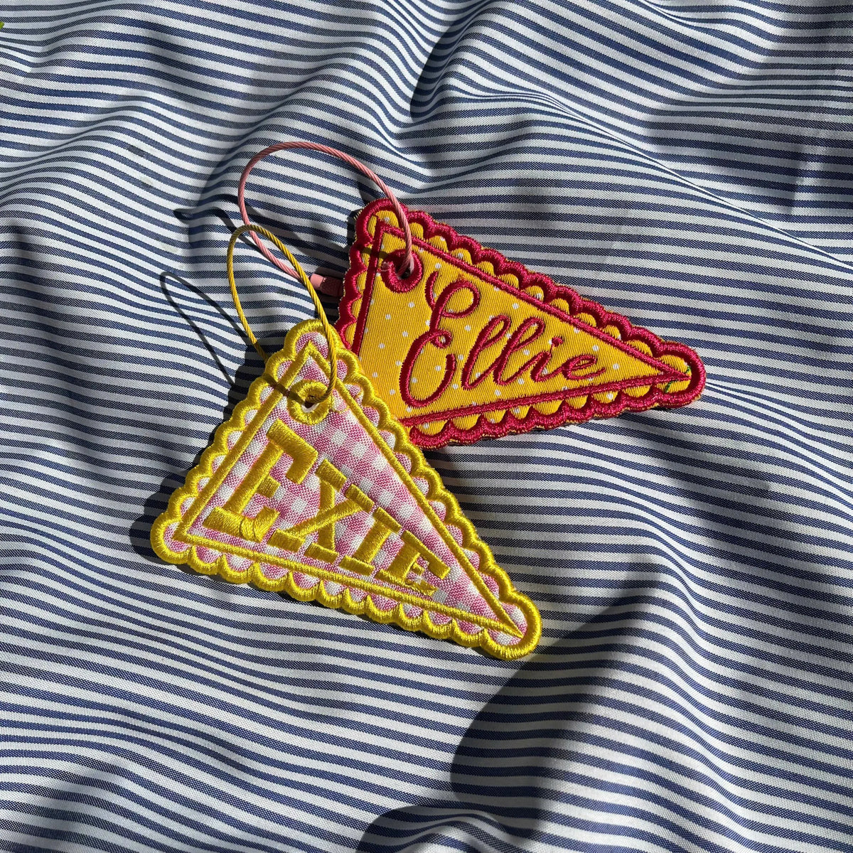 Personalized Embroidered Cheer Pennant Bag Charm, Custom Name Backpack Tag, Bright Preppy Team Gift, Scallop Flag Keychain