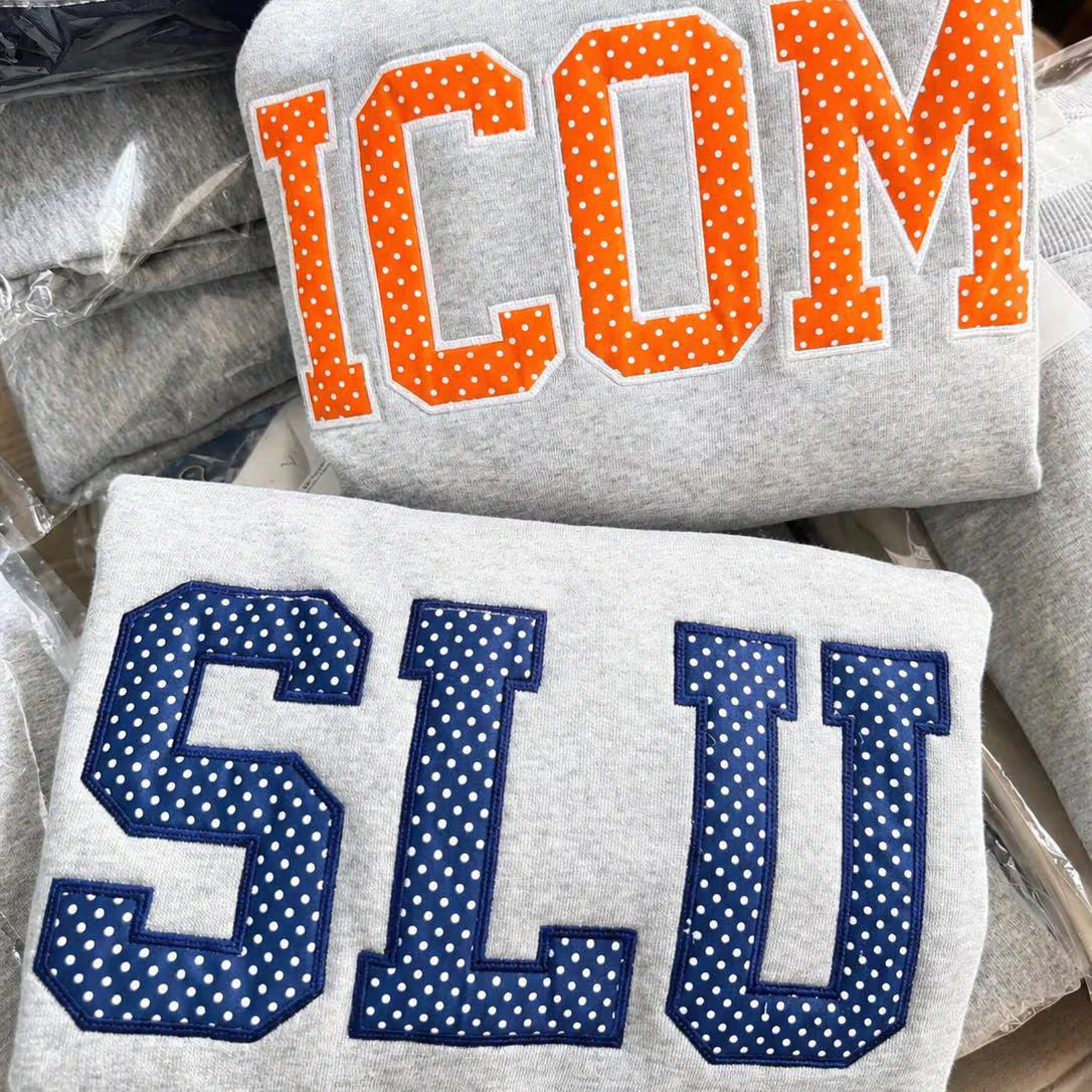 Personalized Mascot Sweatshirt, Custom Polka Dot Applique Crewneck, Collegiate Letter Sweater, Team Name Pullover Gift