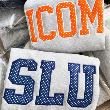 Personalized Mascot Sweatshirt, Custom Polka Dot Applique Crewneck, Collegiate Letter Sweater, Team Name Pullover Gift