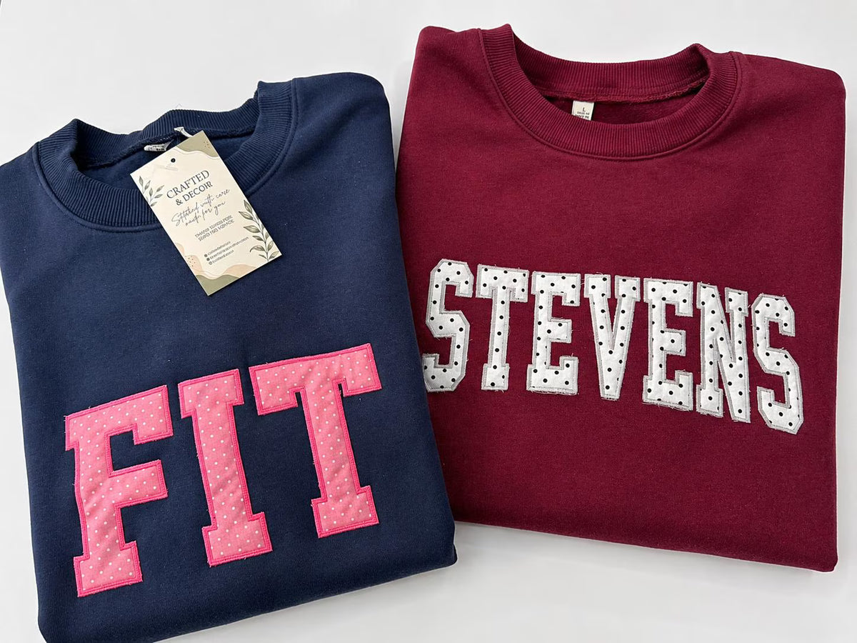 Personalized Mascot Sweatshirt, Custom Polka Dot Applique Crewneck, Collegiate Letter Sweater, Team Name Pullover Gift