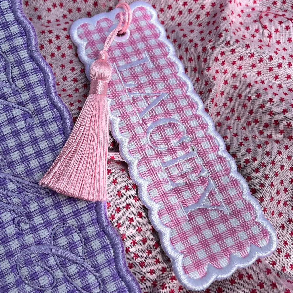 Custom Embroidered Name Page Marker with Tassel, Personalized Gingham Bookmark, Bookish Keepsake for Readers, Teachers and Library Lovers