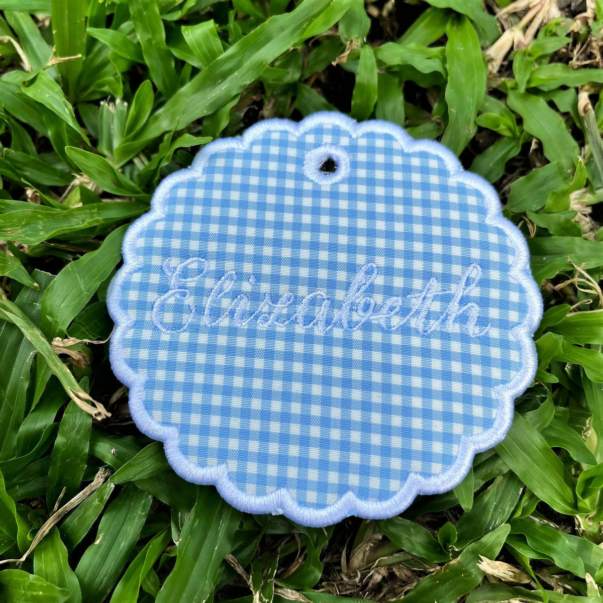 Scalloped Bag Tag, Custom Embroidered Fabric Name Charm, Personalized Luggage Identifier, Dance Bag Accessory, Bridal Party Gift
