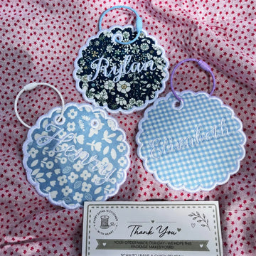 Scalloped Bag Tag, Custom Embroidered Fabric Name Charm, Personalized Luggage Identifier, Dance Bag Accessory, Bridal Party Gift