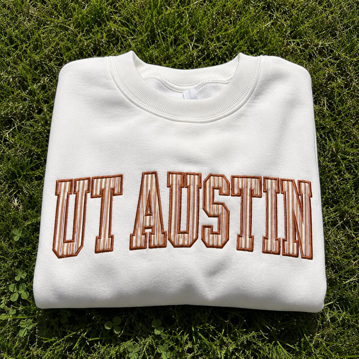 Personalized Embroidered Striped Applique Sweatshirt, Custom College Name Crewneck, Alumni Mascot School Spirit Gift