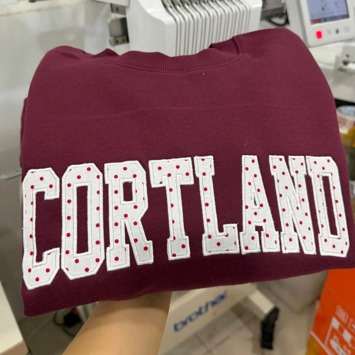 Custom Embroidered Polka Dot Applique Sweatshirt, Personalized College Name Crewneck, Alumni Game Day Campus Spirit Gift