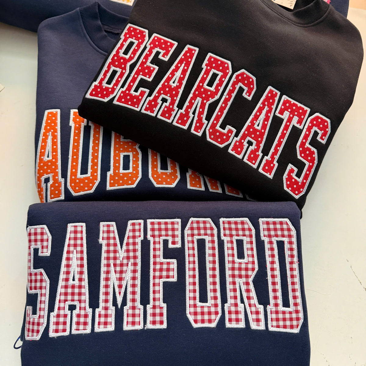 Personalized Embroidered Custom Gingham Polka Dot Applique Sweatshirt, Patchwork Team Name Crewneck, School Spirit Pullover