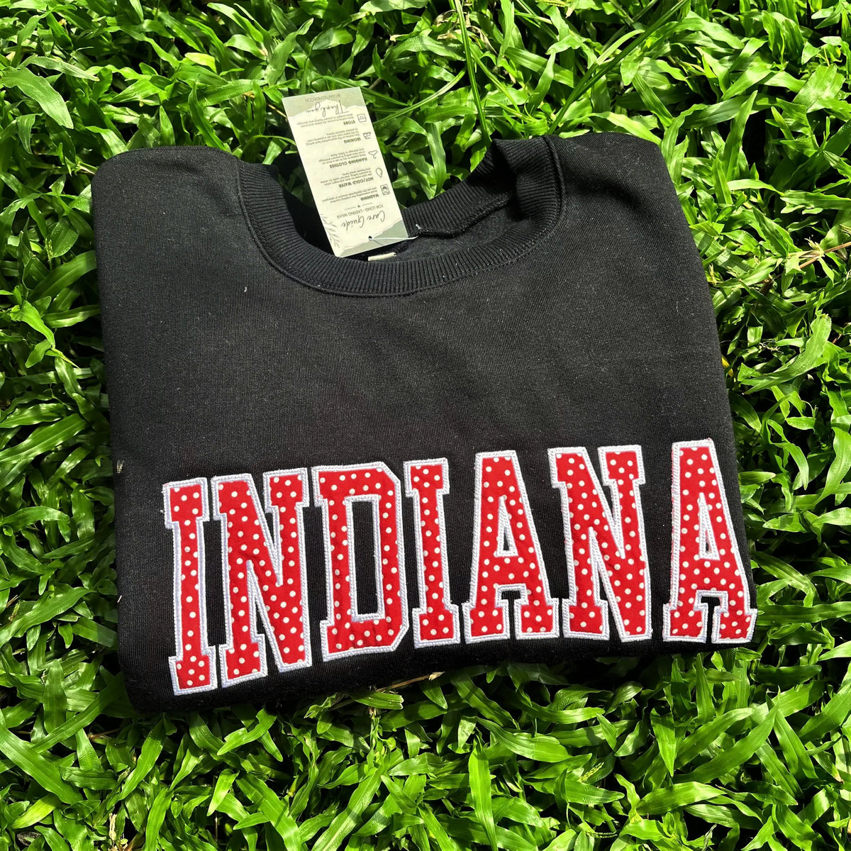 Custom Embroidered Polka Dot Applique Sweatshirt, Personalized Mascot Name Crewneck, Varsity Team Pride Campus Merch Gift