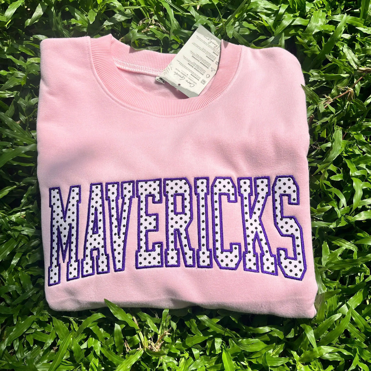Custom Embroidered Polka Dot Applique Sweatshirt, Personalized Mascot Name Crewneck, Varsity Team Pride Campus Merch Gift