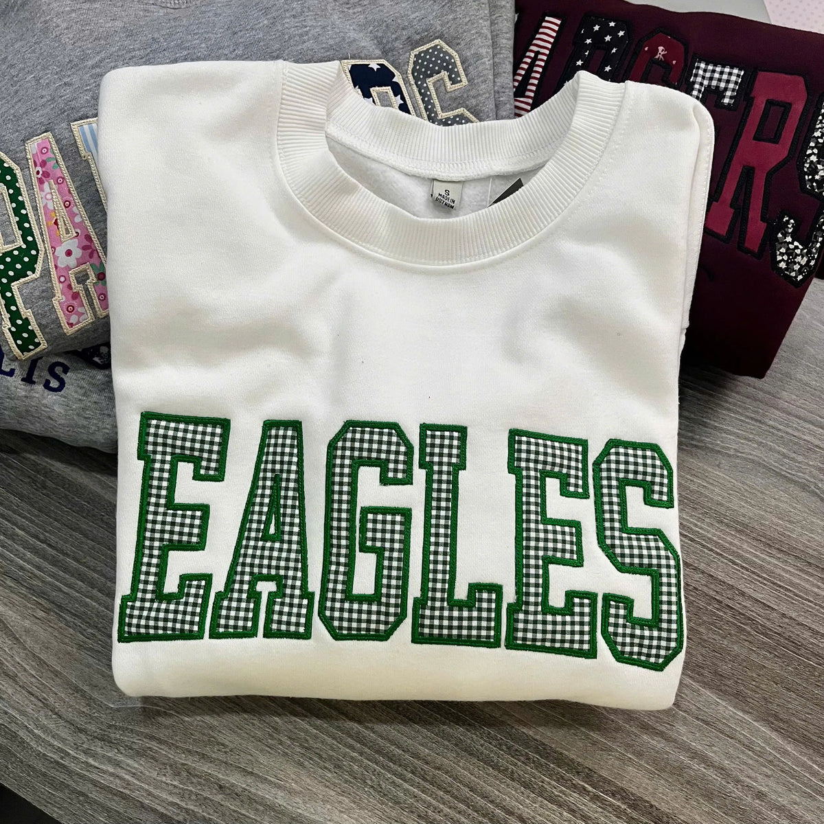 Custom Embroidered Patchwork Applique Sweatshirt, Personalized Mixed Fabric Letter Crewneck, Team Name Campus Merch Gift