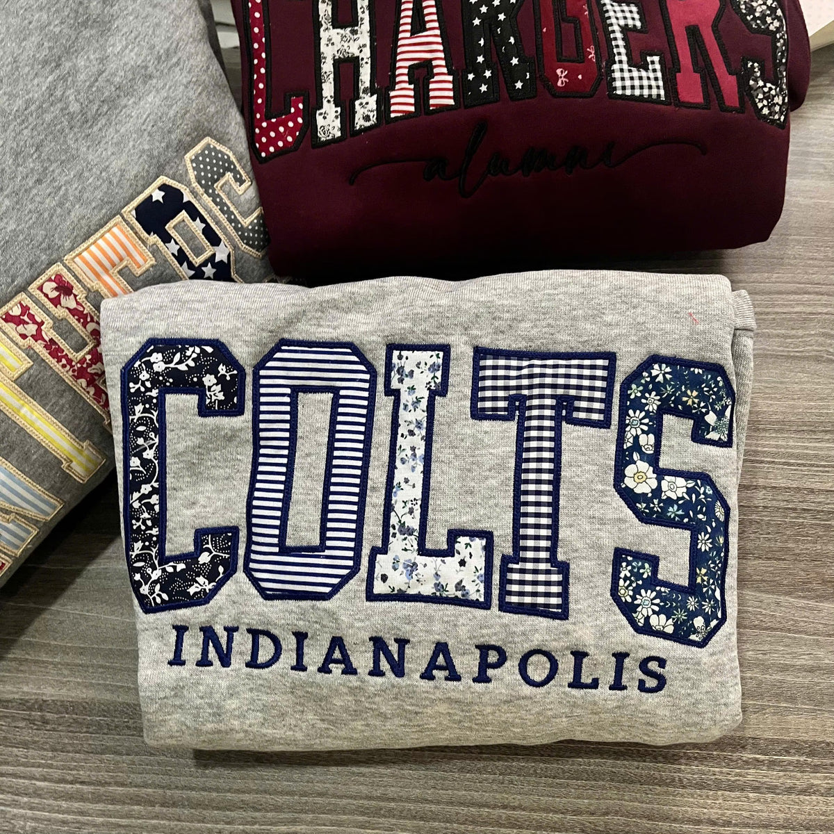 Custom Embroidered Patchwork Applique Sweatshirt, Personalized Mixed Fabric Letter Crewneck, Team Name Campus Merch Gift