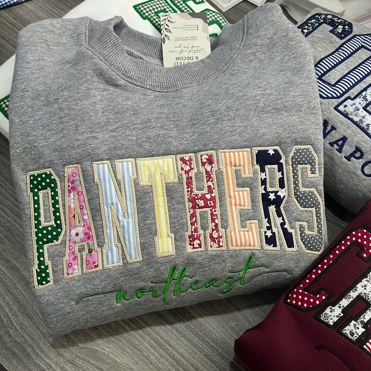 Custom Embroidered Patchwork Applique Sweatshirt, Personalized Mixed Fabric Letter Crewneck, Team Name Campus Merch Gift
