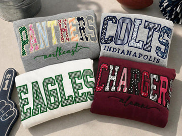 Custom Embroidered Patchwork Applique Sweatshirt, Personalized Mixed Fabric Letter Crewneck, Team Name Campus Merch Gift