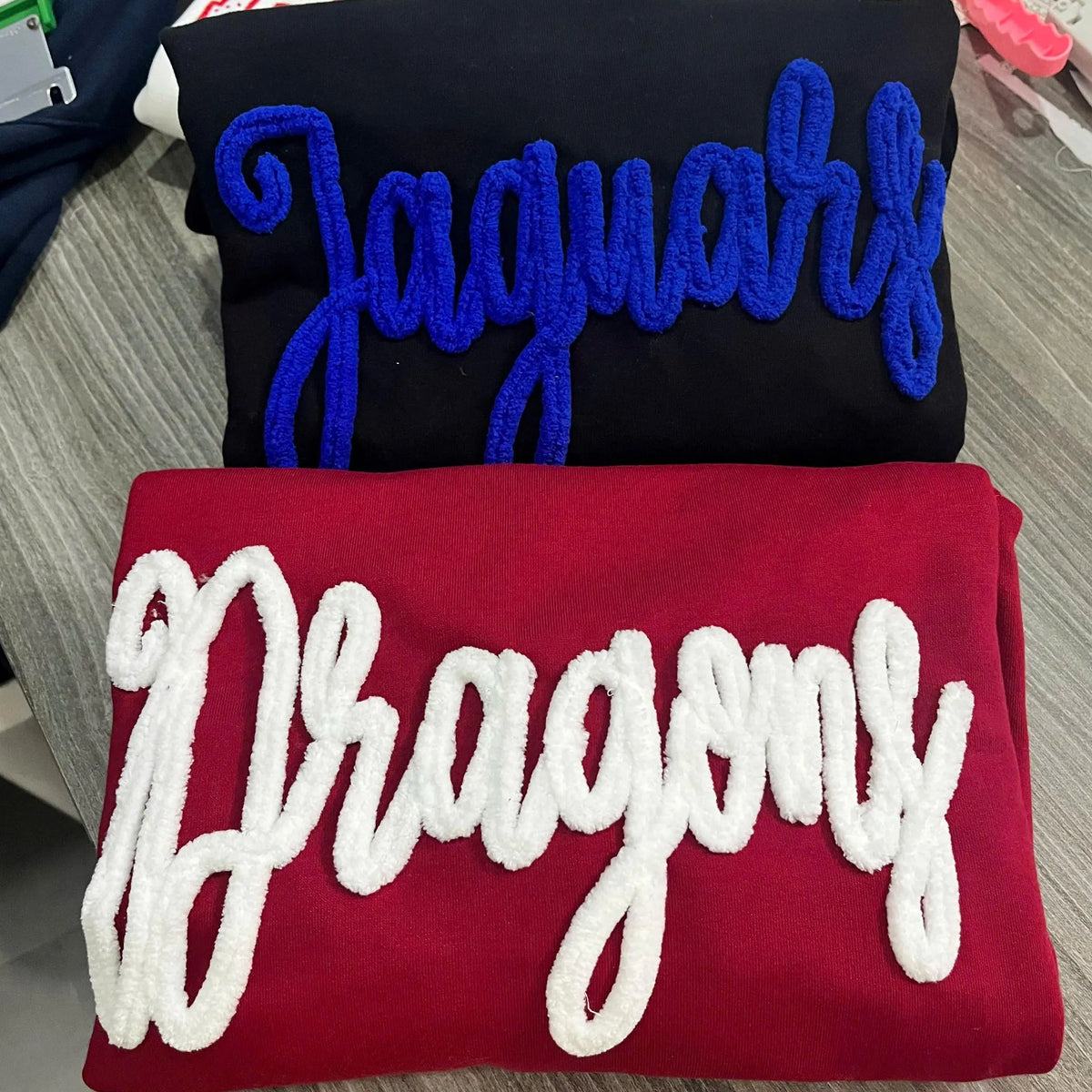 Custom Embroidered Chenille Sideline Sweatshirt, Personalized Mascot Script Crewneck, Team Color Spirit Squad Game Day Gift