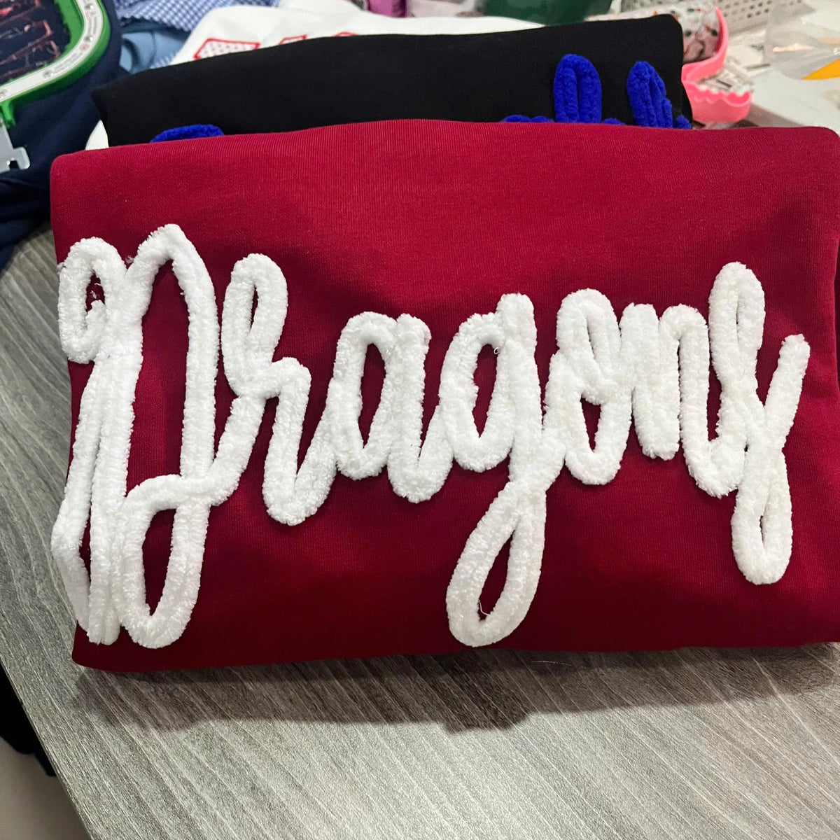 Custom Embroidered Chenille Sideline Sweatshirt, Personalized Mascot Script Crewneck, Team Color Spirit Squad Game Day Gift