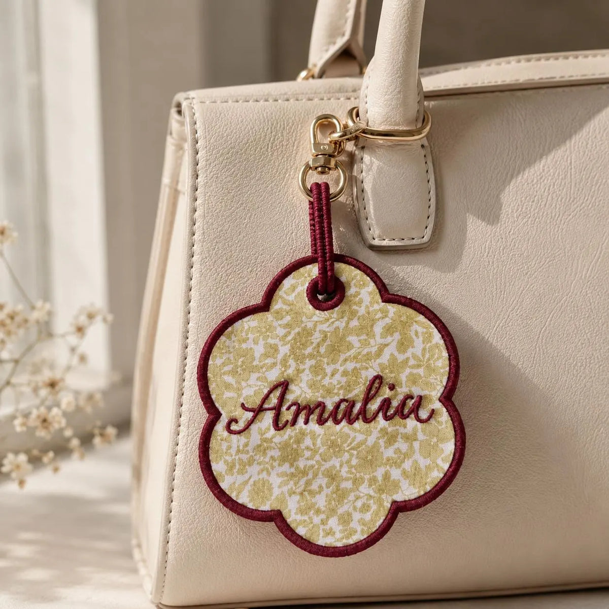 Personalized Embroidered Flower Charm, Custom Name Bag Tag, Floral Backpack Charm, Luggage Tag, Gift for Her