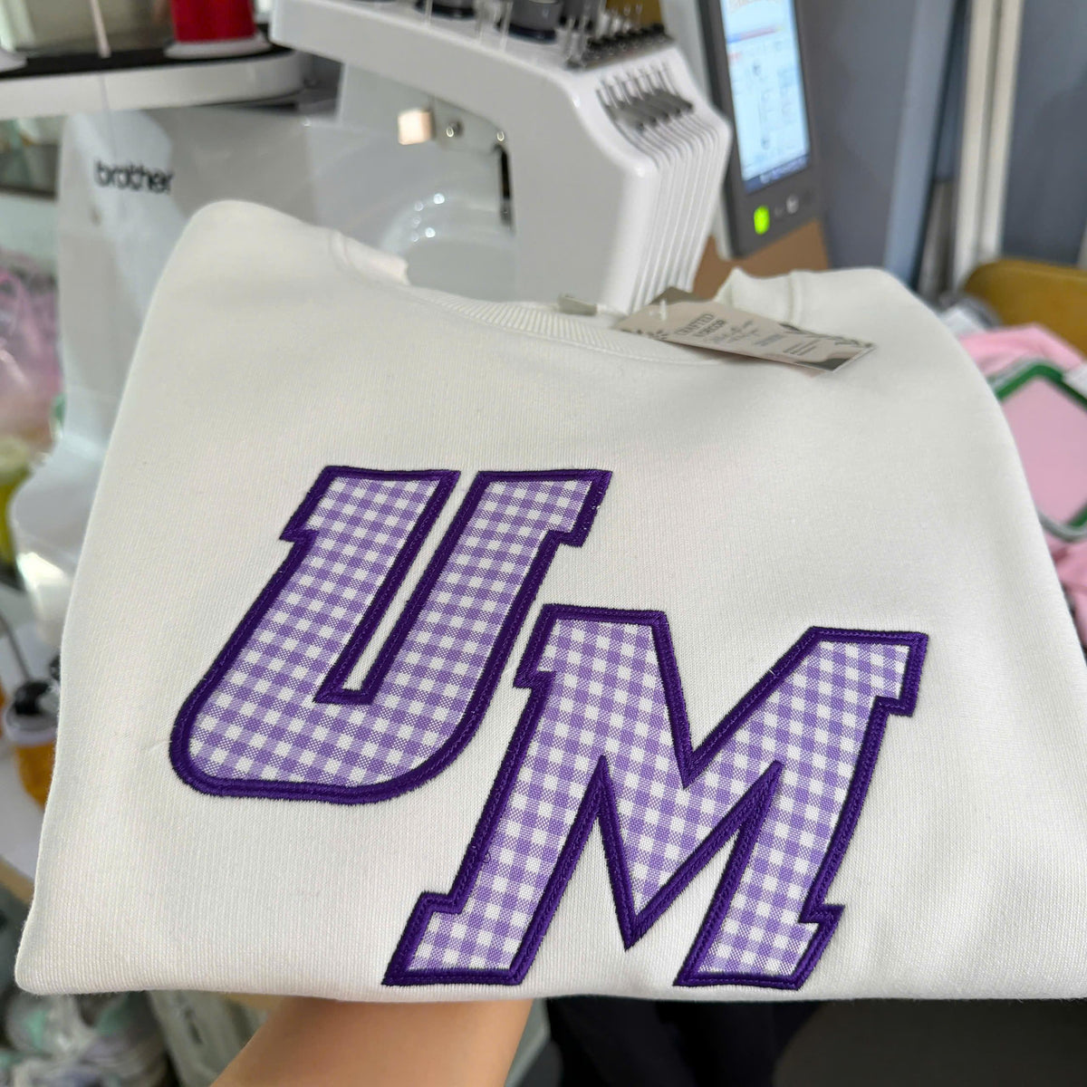 Personalized Embroidered Custom Gingham Polka Dot Applique Sweatshirt, Patchwork Team Name Crewneck, School Spirit Pullover