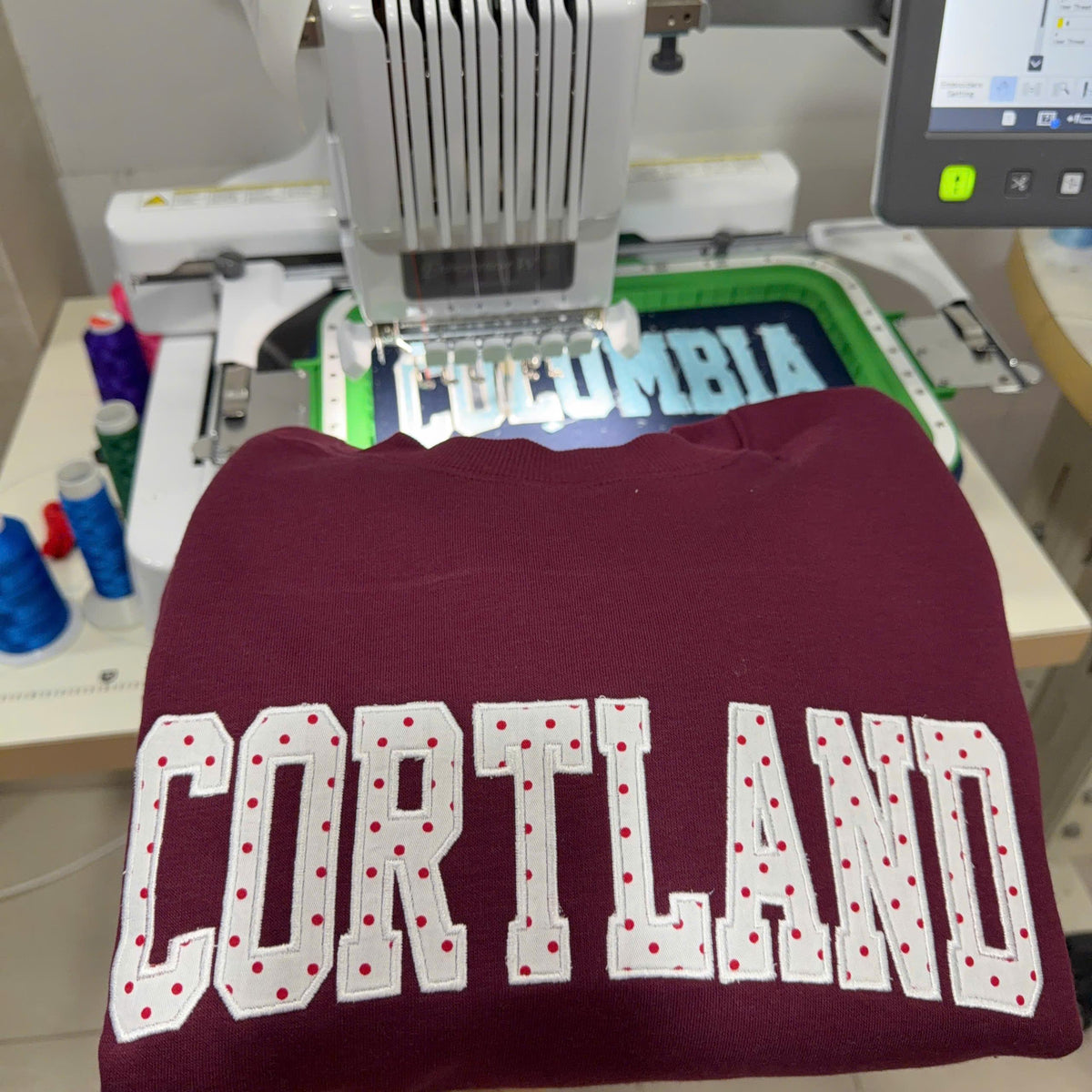 Personalized Embroidered Custom Gingham Polka Dot Applique Sweatshirt, Patchwork Team Name Crewneck, School Spirit Pullover