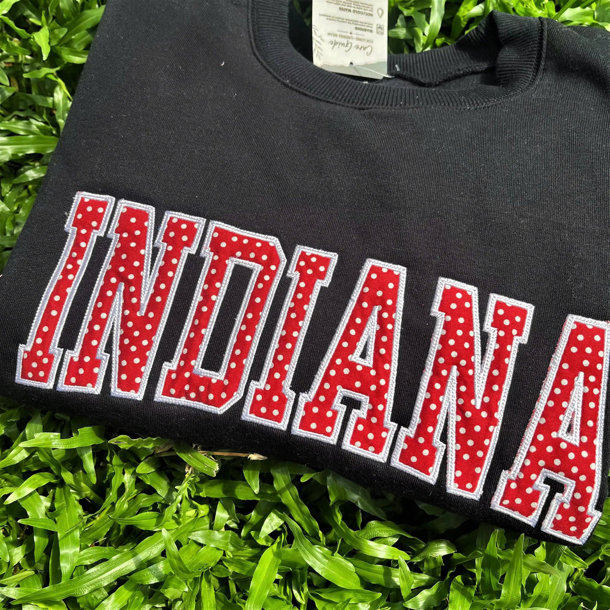 Custom Embroidered Polka Dot Applique Sweatshirt, Personalized Mascot Name Crewneck, Varsity Team Pride Campus Merch Gift