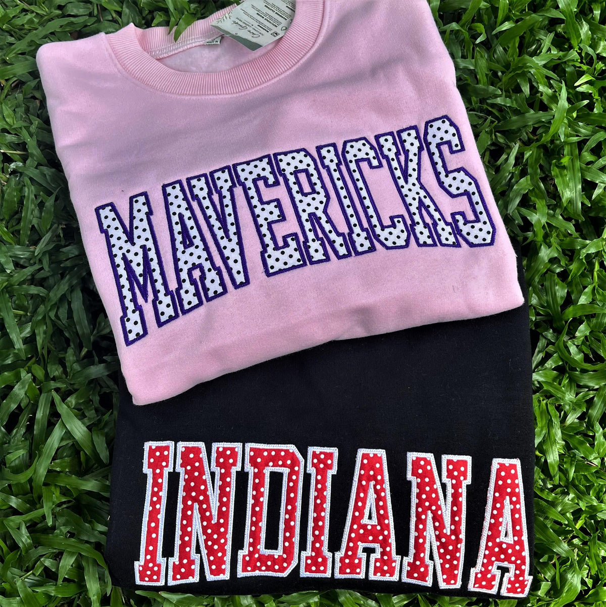 Custom Embroidered Polka Dot Applique Sweatshirt, Personalized Mascot Name Crewneck, Varsity Team Pride Campus Merch Gift