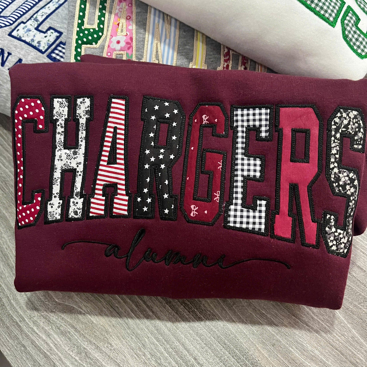 Custom Embroidered Patchwork Applique Sweatshirt, Personalized Mixed Fabric Letter Crewneck, Team Name Campus Merch Gift