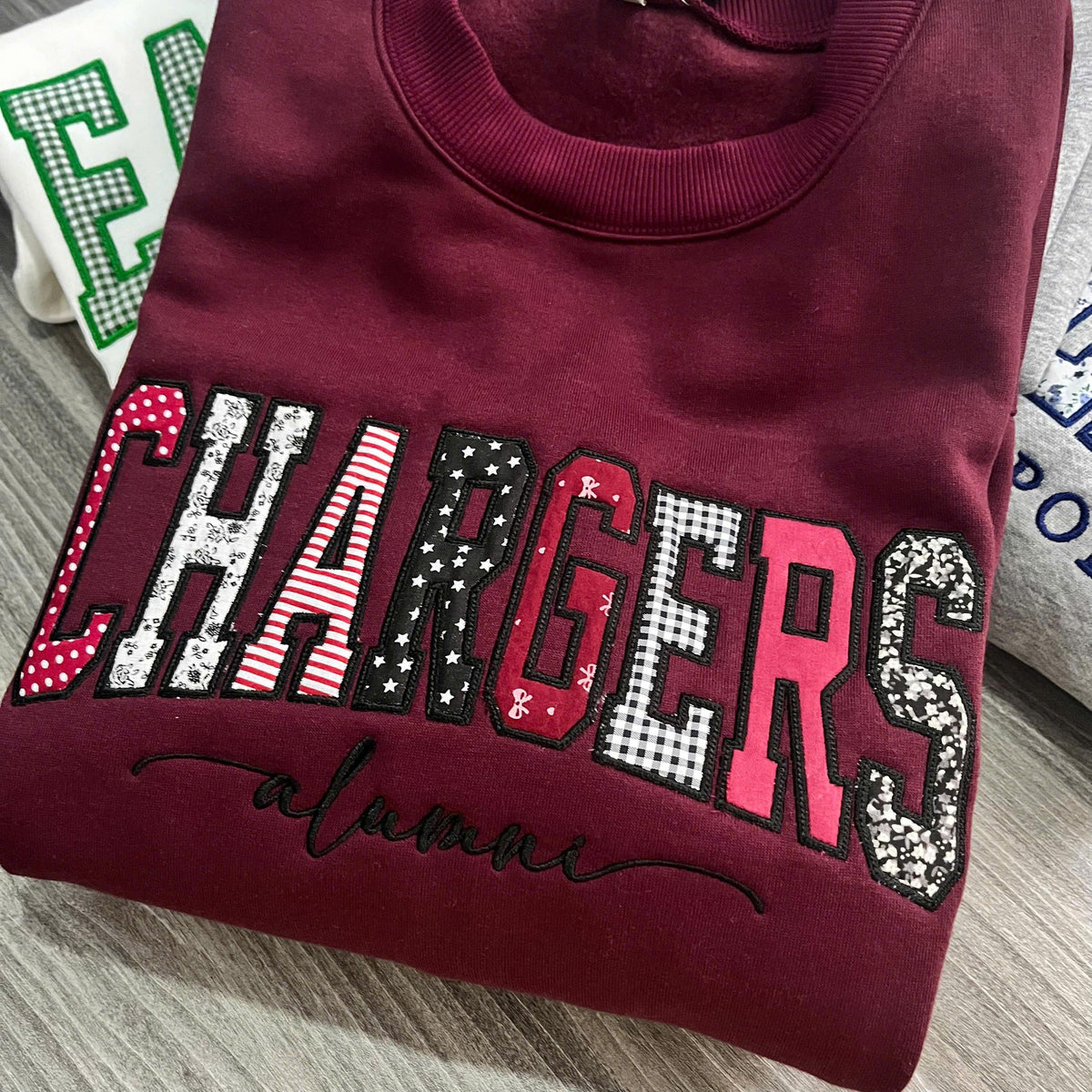 Custom Embroidered Patchwork Applique Sweatshirt, Personalized Mixed Fabric Letter Crewneck, Team Name Campus Merch Gift