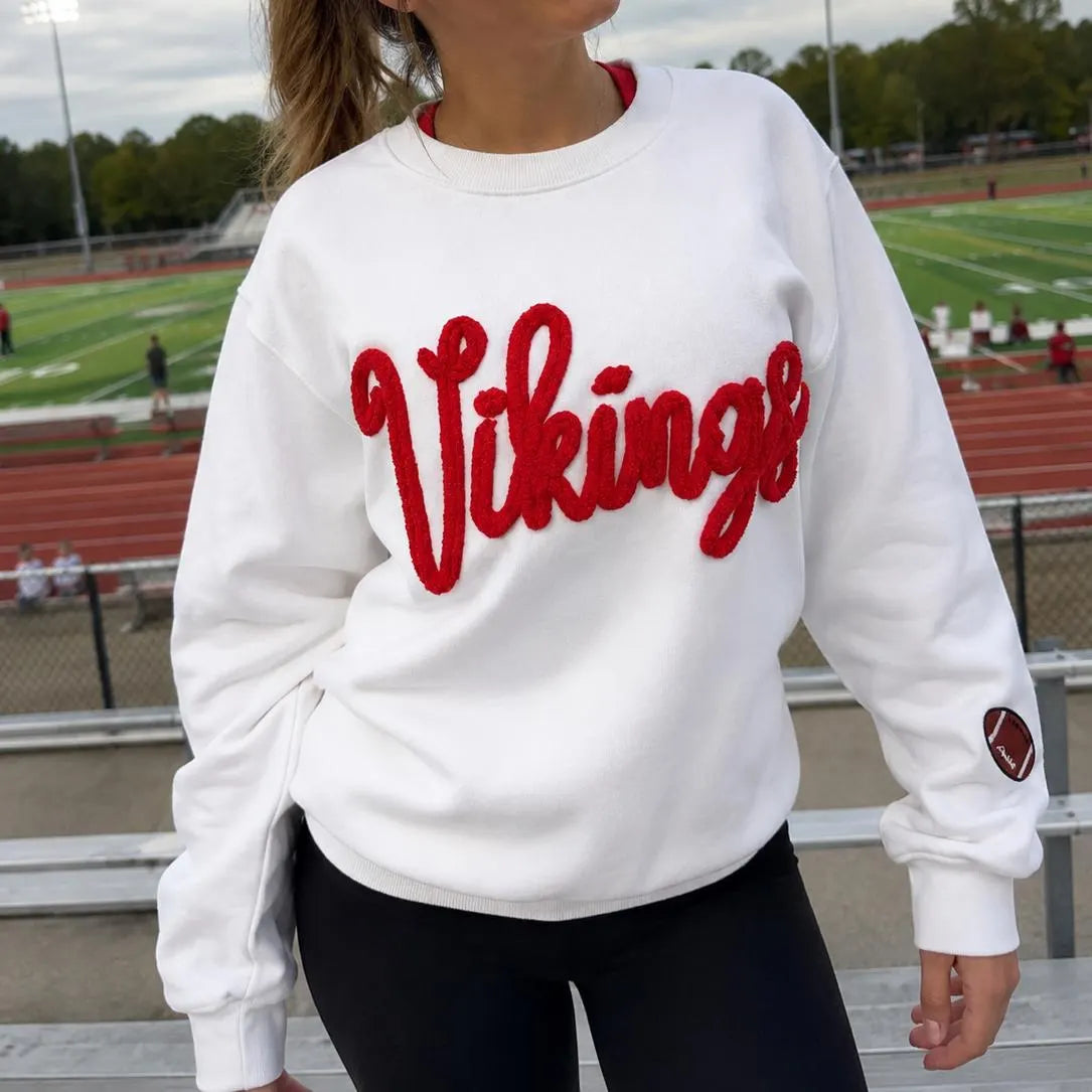 Custom Embroidered Chenille Sideline Sweatshirt, Personalized Mascot Script Crewneck, Team Color Spirit Squad Game Day Gift