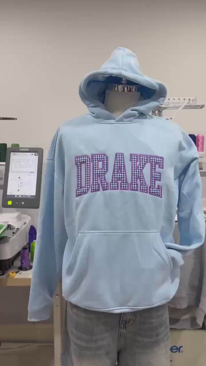 Custom Name Embroidered Hoodie, Varsity Letter Sweatshirt, Gingham Applique Pullover, Personalized Name Merch Gift, Cozy Custom Hoodie